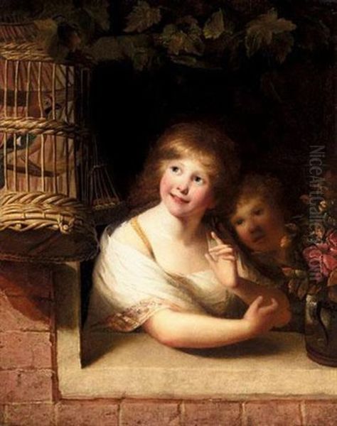 Two Children With A Jay In A Cage Oil Painting by Rev. Matthew William Peters