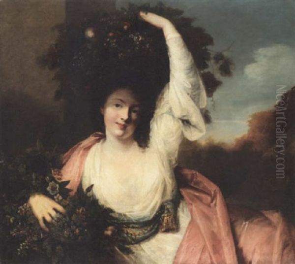 A Young Lady In A White And Pink Dress Carrying Flowers And Fruit Oil Painting by Rev. Matthew William Peters