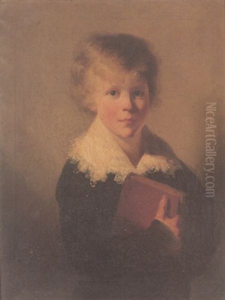 Portrait Of John William Peters Wearing A Blue Jacket, And White Lace Collar, And Holding A Book Oil Painting by Rev. Matthew William Peters