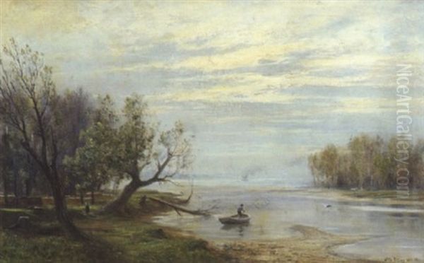 Flusslandschaft Mit Fischer Oil Painting by Otto Seraphim Peters