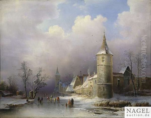 Wintry Town View With A Frozen Canal Oil Painting by Pieter Francis Peters