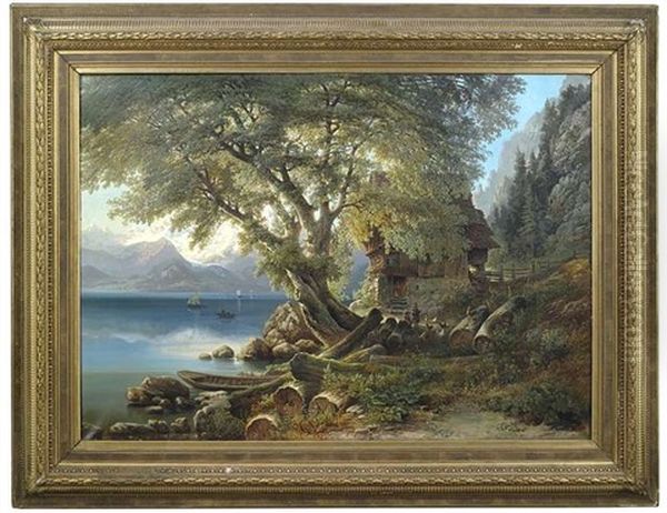 Am Brienzer See. Idyllische Sommerlandschaft Mit Holzhaus Unter Grosen Baumen Am Seeufer Oil Painting by Pieter Francis Peters