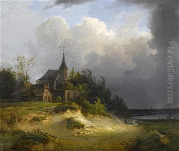 Kirche Mit Bauernhausern An Einem Sturmischen See Oil Painting by Pieter Francis Peters