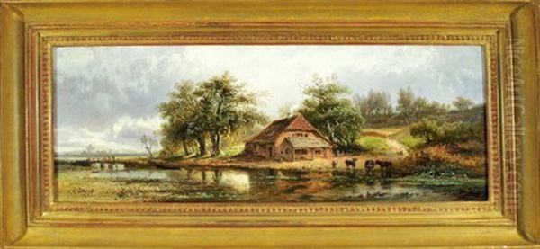 Landliche Idylle Mit Hof Am Fluss Nach Einem Gewitter Oil Painting by Pieter Francis Peters