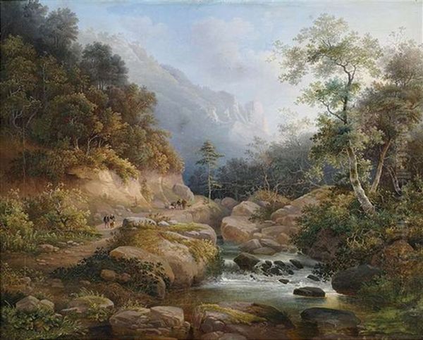 Gebirgige Flusslandschaft Mit Figurenstaffage Oil Painting by Pieter Francis Peters