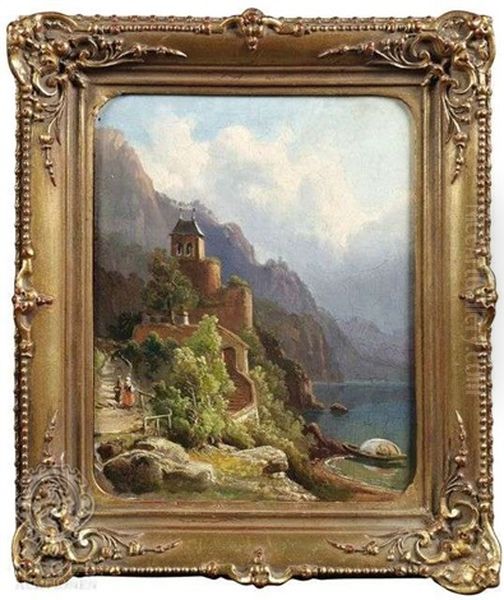 Sommerlicher Gebirgssee Mit Einer Kapelle Auf Einem Felsvorsprung Oil Painting by Pieter Francis Peters