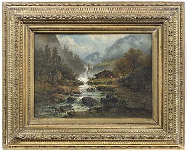 Herbstliche Hochgebirgslandschaft Mit Wasserfall Und Bergbauernhof Oil Painting by Pieter Francis Peters