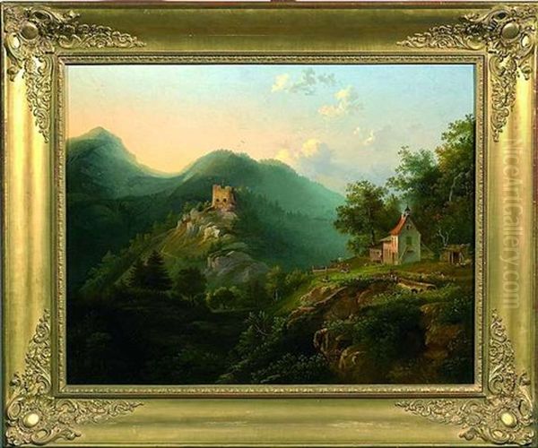 Bewaldete Gebirgslandschaft Mit Burgruine Und Bergbauernhof Oil Painting by Pieter Francis Peters