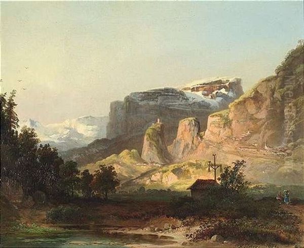 Blick In Ein Zekluftetes Gebirgstal, Im Hintergrund Schneebedeckte Berge Oil Painting by Pieter Francis Peters