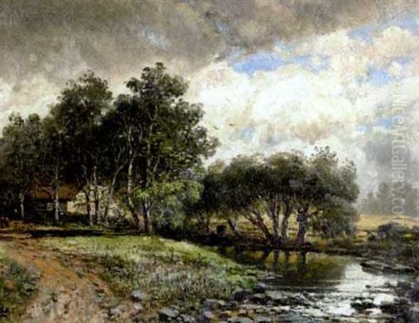 Baumgesaumter Bachlauf Mit Bauernhaus Unter Bewolktem Himmel Oil Painting by Pieter Francis Peters