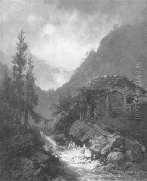 Einsam Gelegene Almhutte An Einem Rauschenden Wildbach Oil Painting by Pieter Francis Peters