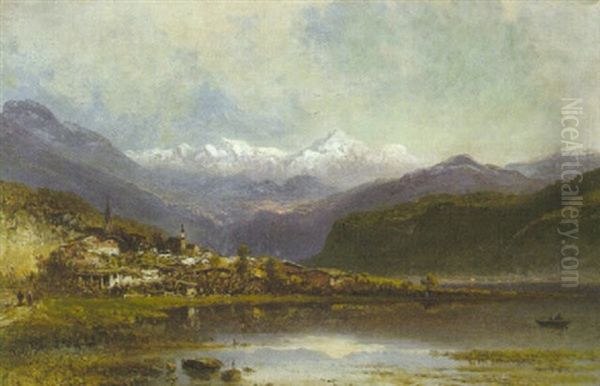 Gebirgsdorf Am Seeufer Mit Blick Auf Ein Schneebedecktes Bergmassiv Oil Painting by Pieter Francis Peters