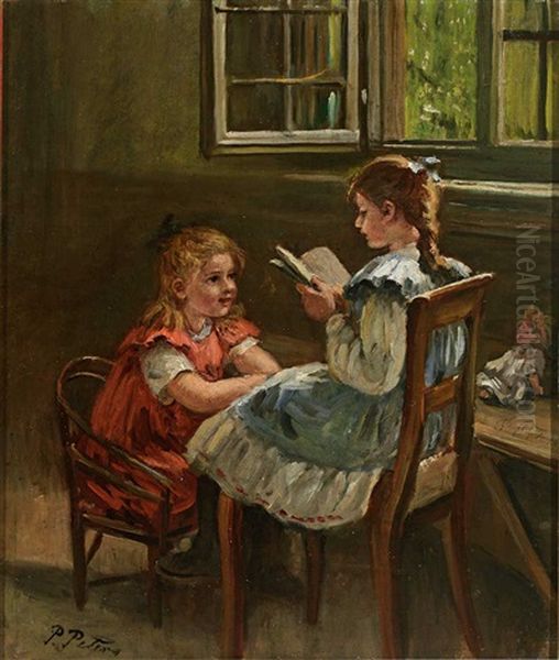 Zwei Kleine Madchen In Der Stube Beim Vorlesen; Reizendes Genre Oil Painting by Pietronella Peters