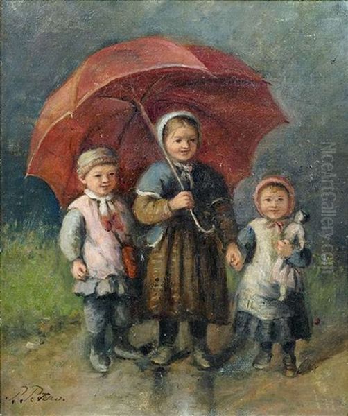 Drei Kinder Mit Rotem Regenschirm Oil Painting by Pietronella Peters