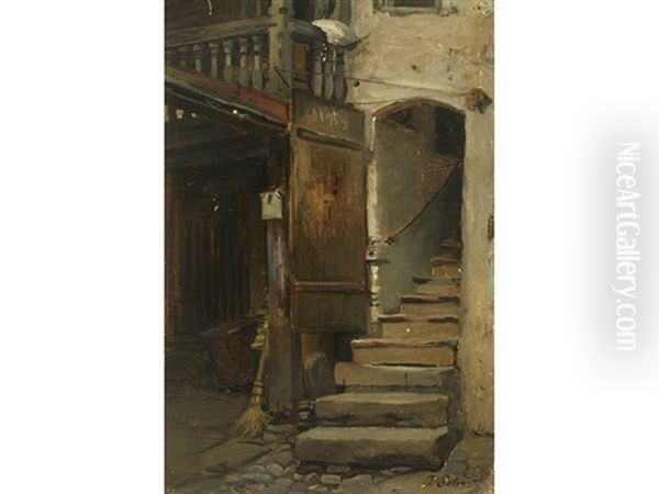 Rustic Stairwell On Cobblestone Path Oil Painting by Pietronella Peters