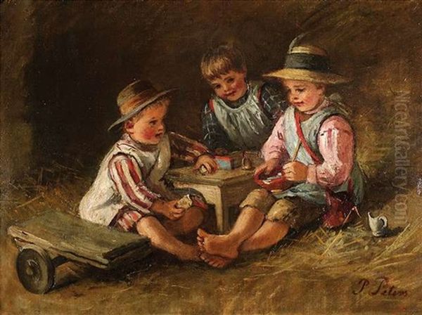 Drei Kinder Spielen An Einem Tischchen Oil Painting by Pietronella Peters