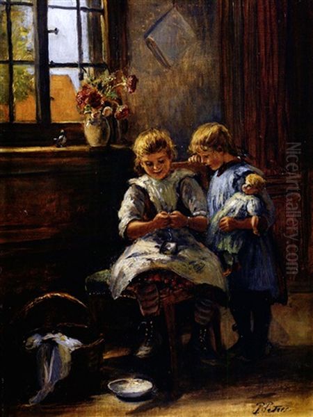 Zwei Kleine Madchen Mit Puppe Am Fenster In Einer Stube Oil Painting by Pietronella Peters