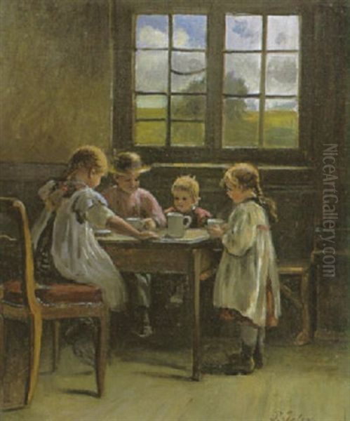 Vier Kinder Beim Milchtrinken Am Tisch Vor Dem Fenster Oil Painting by Pietronella Peters