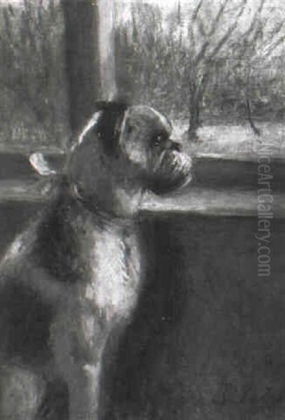 Ein Mops Mit Blauem Band Sitzt Am Fenster Oil Painting by Pietronella Peters