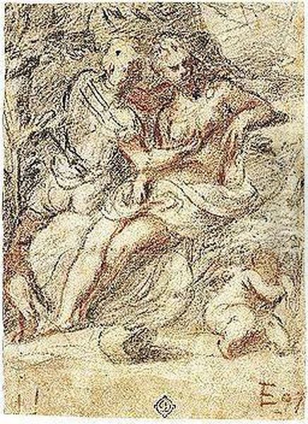 Recto: Mars And Venus With The Sleeping Cupid; Verso: The Head Of A Woman Wearing A Headdress Oil Painting by Camillo Boccaccino