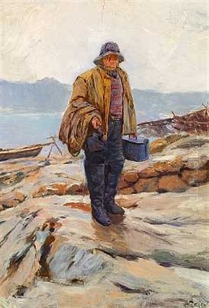 En Fisker I Den Norske Skaergard Oil Painting by Wilhelm Otto Peters