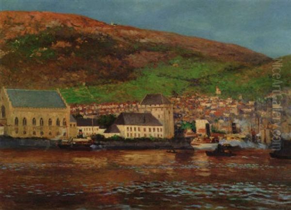 Bergen Sett Fra Sjosiden Oil Painting by Wilhelm Otto Peters