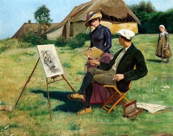 Landscape With A Young Painter And A Woman Admiring The Day's Work Oil Painting by Anne Sophie Petersen