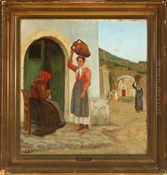 Italian Village Scenery With Women Fetching Water By The Well Oil Painting by Anne Sophie Petersen