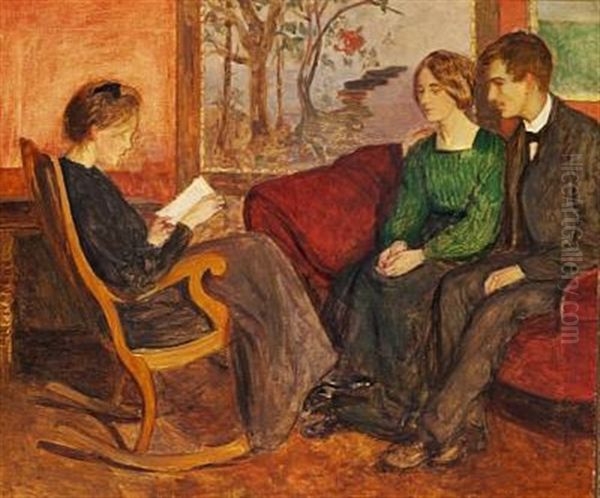 Interior With A Woman In A Rocking-chair And A Couple In A Sofa (anna Petersen, And The Danish Painter J. F. Willumsen, And His Wife The Painter Juliette?) Oil Painting by Anne Sophie Petersen