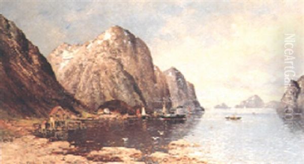 A Fjord Landscape With Boats Before A Fishing Village Oil Painting by Carl Olof Petersen