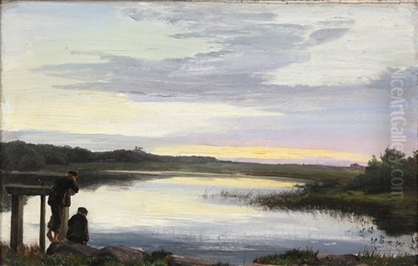 Evening At Skaningedammen Near Hellebaek Oil Painting by Edvard Frederik Petersen