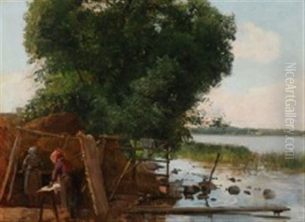 Laundresses Working Near The Lakeshore Oil Painting by Edvard Frederik Petersen