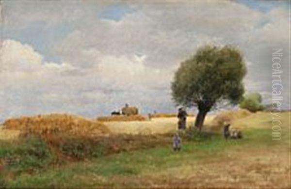 Harvest Scene With Children In The Foreground Oil Painting by Edvard Frederik Petersen