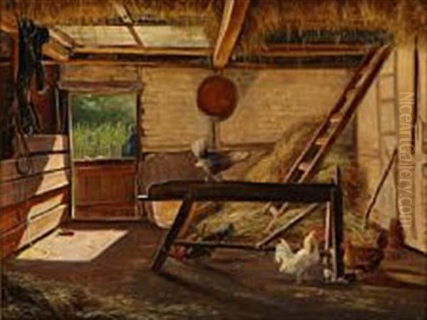 Stable Interior With Chickens Oil Painting by Edvard Frederik Petersen