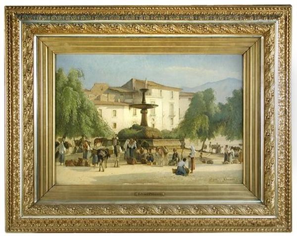 View In Solanina, Malaga, Spain, With Villagers And Donkeys Oil Painting by Edvard Frederik Petersen