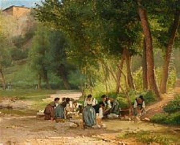 Italian Women Washing Clothes In A Steam Oil Painting by Edvard Frederik Petersen