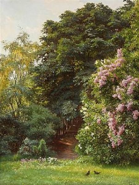 Garden With Blooming Lilacs Oil Painting by Edvard Frederik Petersen