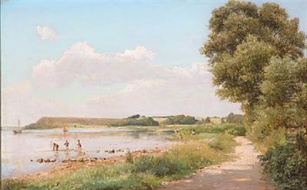 Summer Day On The Country With Children Bathing Oil Painting by Edvard Frederik Petersen