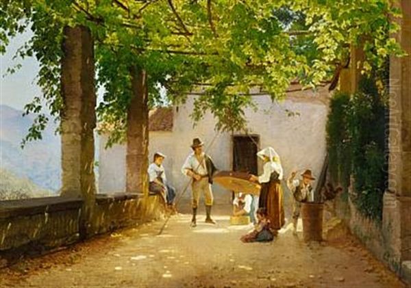 Kornet Renses Paa En Loggia (cleaning The Grain On The Loggia) Oil Painting by Edvard Frederik Petersen