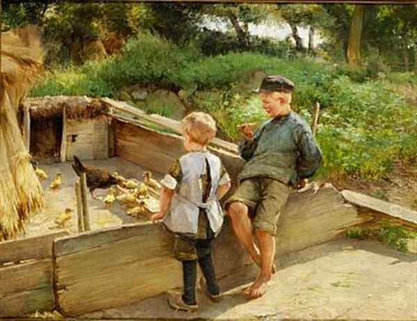 Little Children Watching The Ducklings Oil Painting by Edvard Frederik Petersen