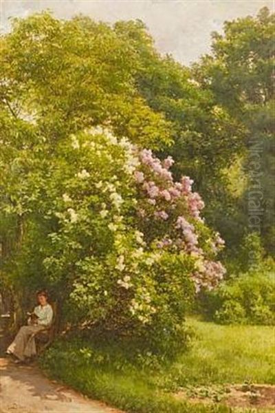 A Woman Reading Under A Blooming Lilac Oil Painting by Edvard Frederik Petersen