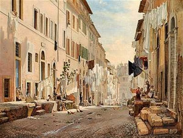 Gadeparti Fra Rom. Via Della Purificazione Set Mod Piazza Barberini, Vasketojet Torres Oil Painting by Edvard Frederik Petersen