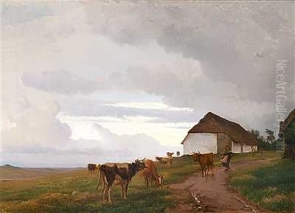 En Bondepige Pa Vej Ud For At Hente Koerne Hjem Oil Painting by Edvard Frederik Petersen