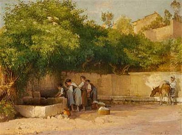 Unge Piger Der Vasker Toj Ved Bronden I Subiaco Oil Painting by Edvard Frederik Petersen