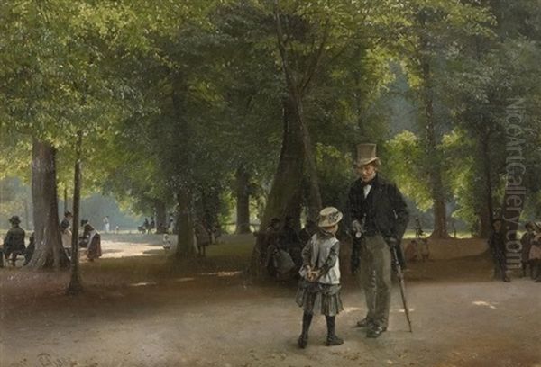 Fra Kongens Have, I Forgrunden Under Store Traeer Aeldre Herre Der Viser En Lille Pige Sit Lommeur, I Baggrunden Folkeliv Oil Painting by Edvard Frederik Petersen