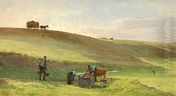 Bonder Ved En Brond Pa En Mark Oil Painting by Edvard Frederik Petersen