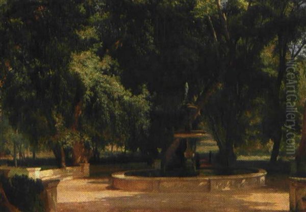 En Romersk Fontaene I Villa Borghese Parken Oil Painting by Edvard Frederik Petersen