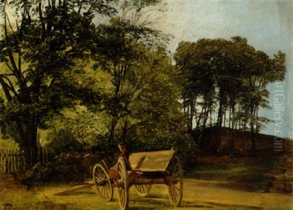 En Lille Pige Pa En Kaerre I Udkanten Af En Skov Oil Painting by Edvard Frederik Petersen