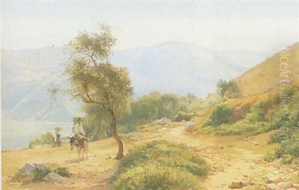 Italiensk Bjerglandskab Med Mand Pa Aesel Samt Kvinde Med Barn Oil Painting by Edvard Frederik Petersen