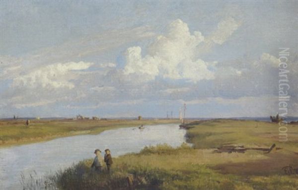 To Drenge Ved En Hollandsk Kanal Naer Delft Oil Painting by Edvard Frederik Petersen